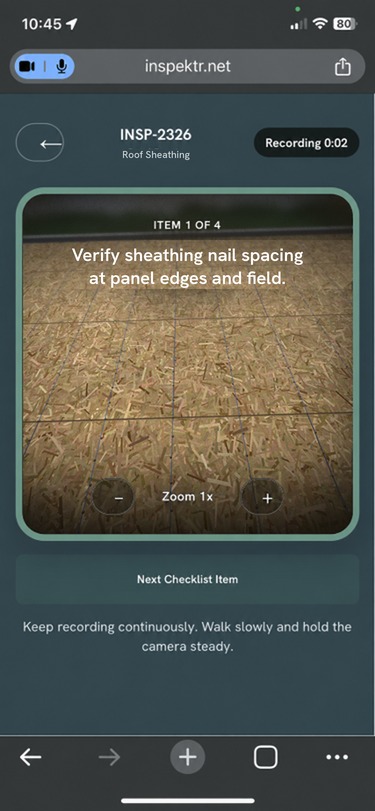 Inspektr guest link open in a phone web browser recording a roof sheathing inspection, checking nail spacing at panel edges and field
