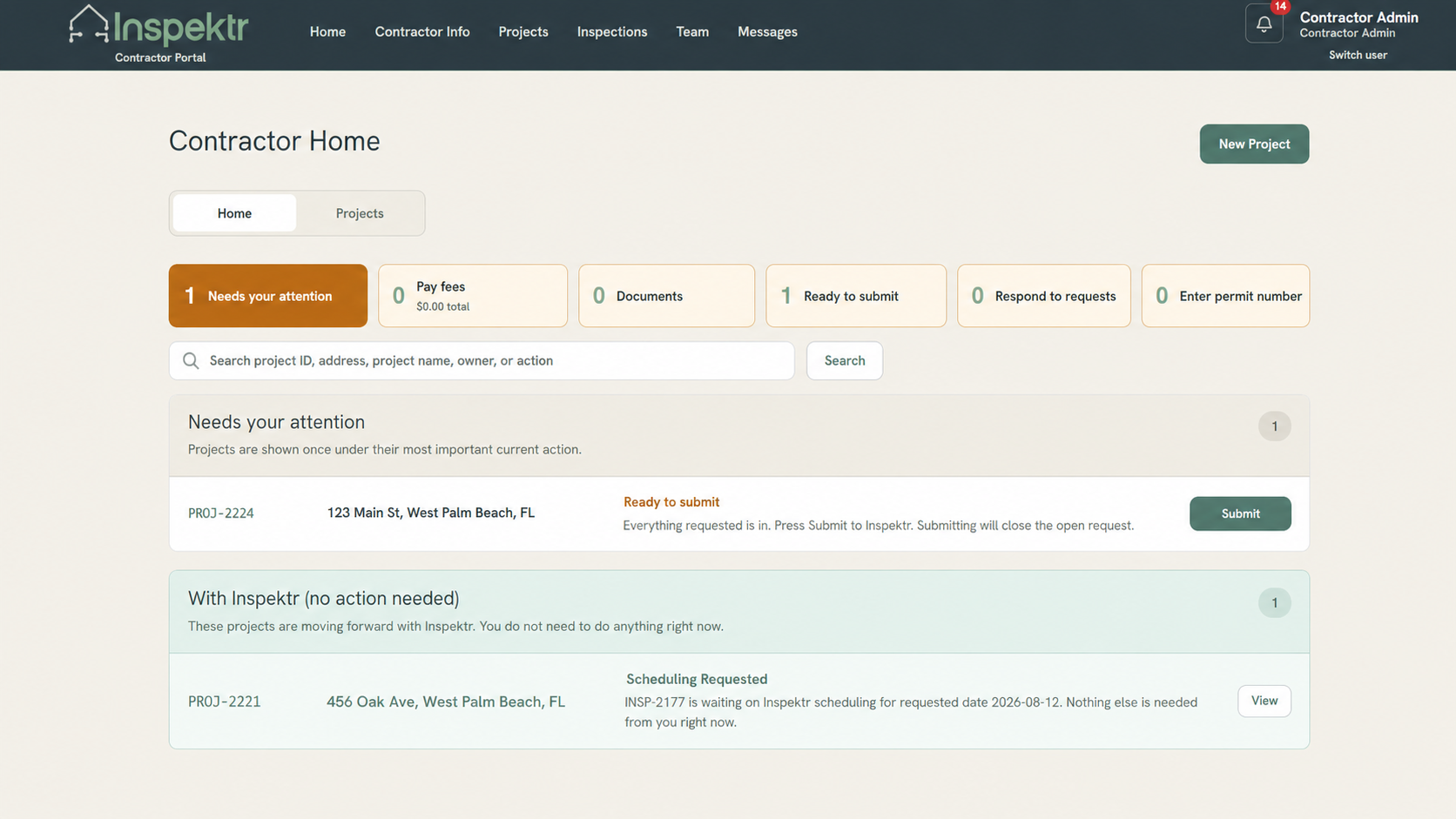 Inspektr contractor portal home screen showing projects grouped by what needs your attention