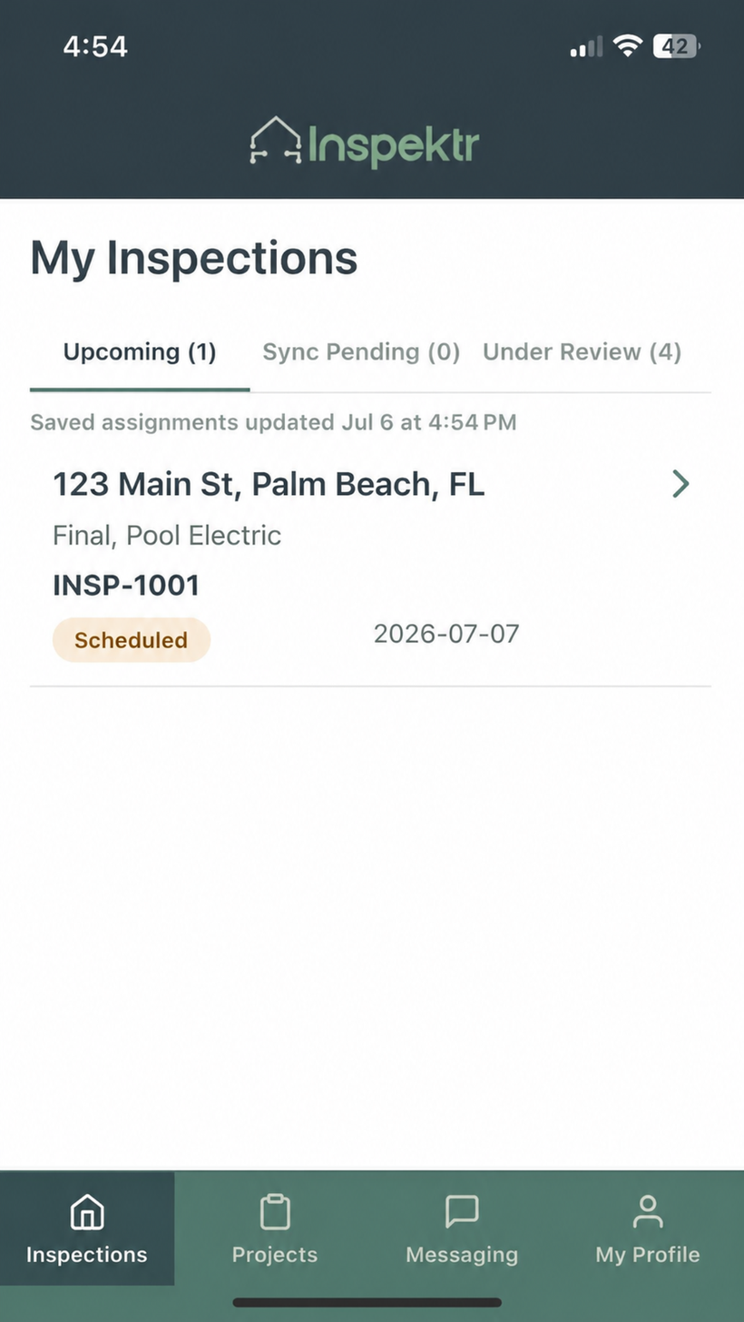 Inspektr mobile app My Inspections screen showing inspections under review